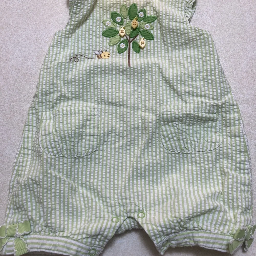 Gymboree Green Striped Romper with Tree & Bee Applique